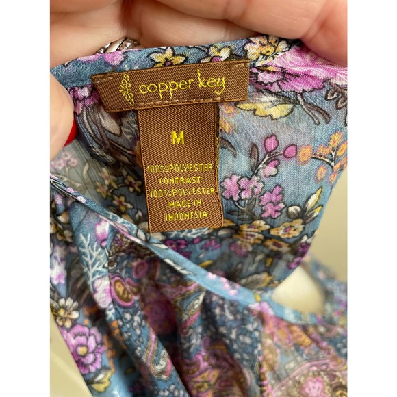 Copper Key Sheer Blouse Blue Purple Floral Flowy Shirt Sz M Kimono Sleeve - Picture 5 of 12